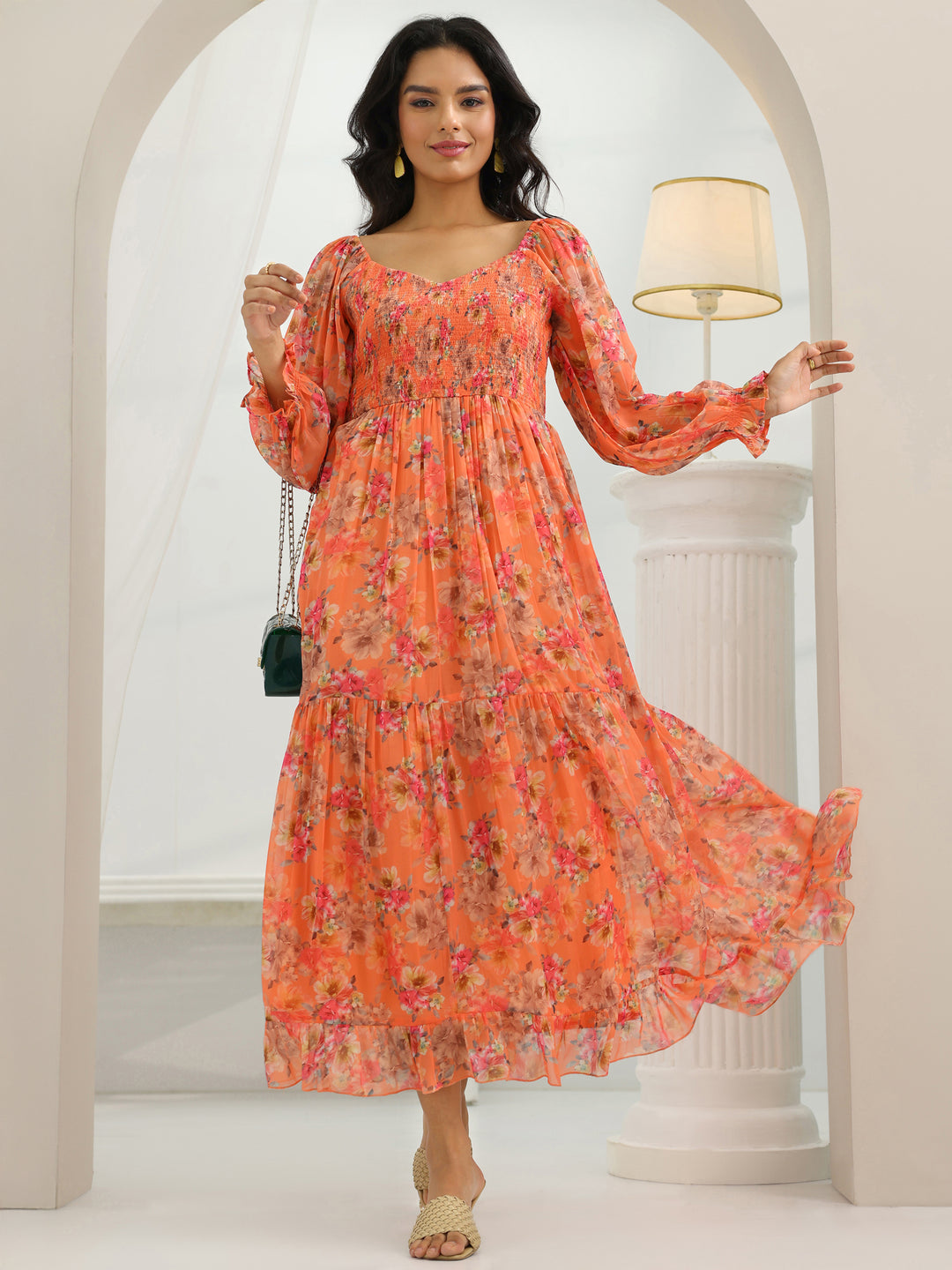  Orange Printed Chiffon Fit And Flare One Piece Dress 