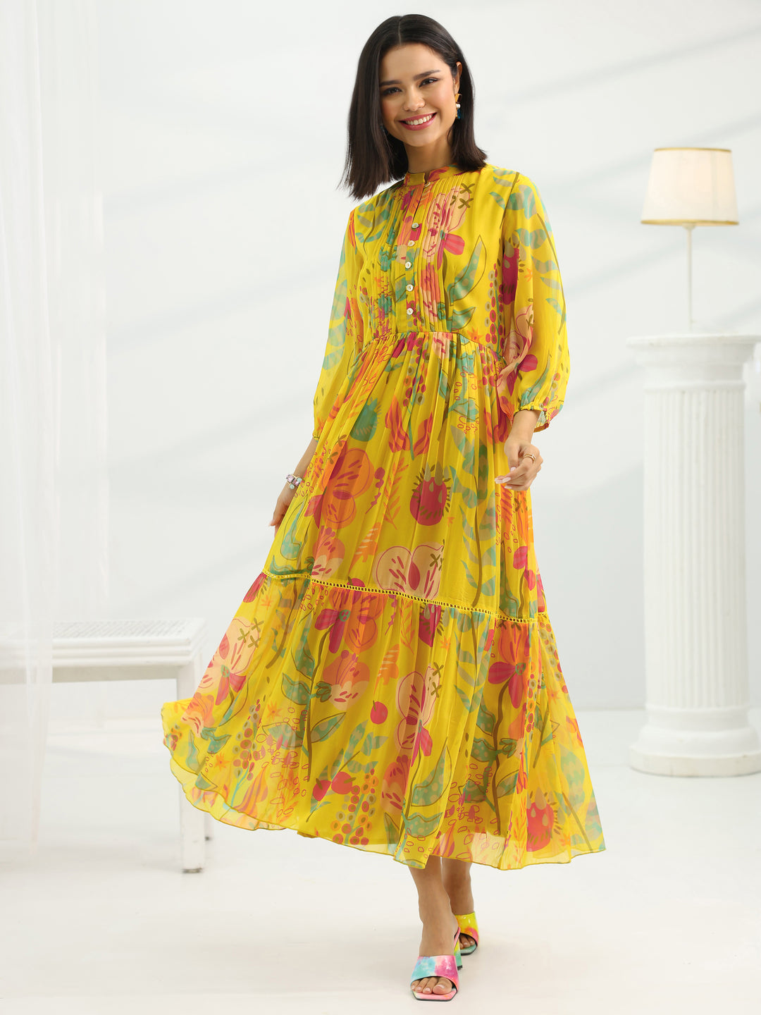  Mustard Printed Chiffon Fit And Flare One Piece Dress 