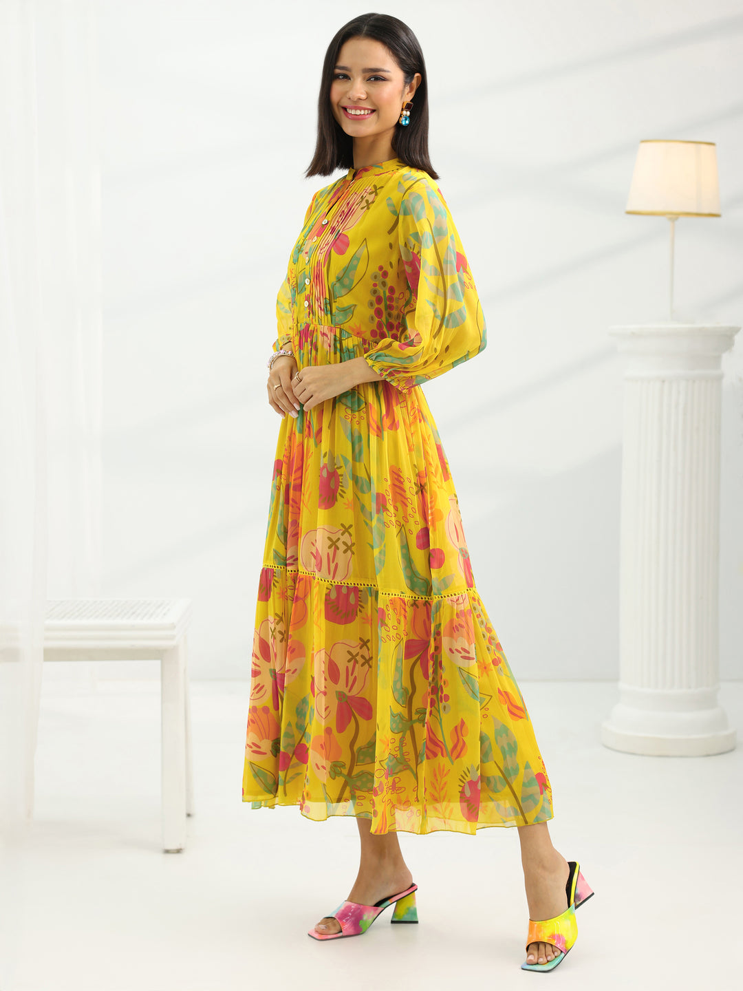 Mustard Printed Chiffon Fit And Flare One Piece Dress 