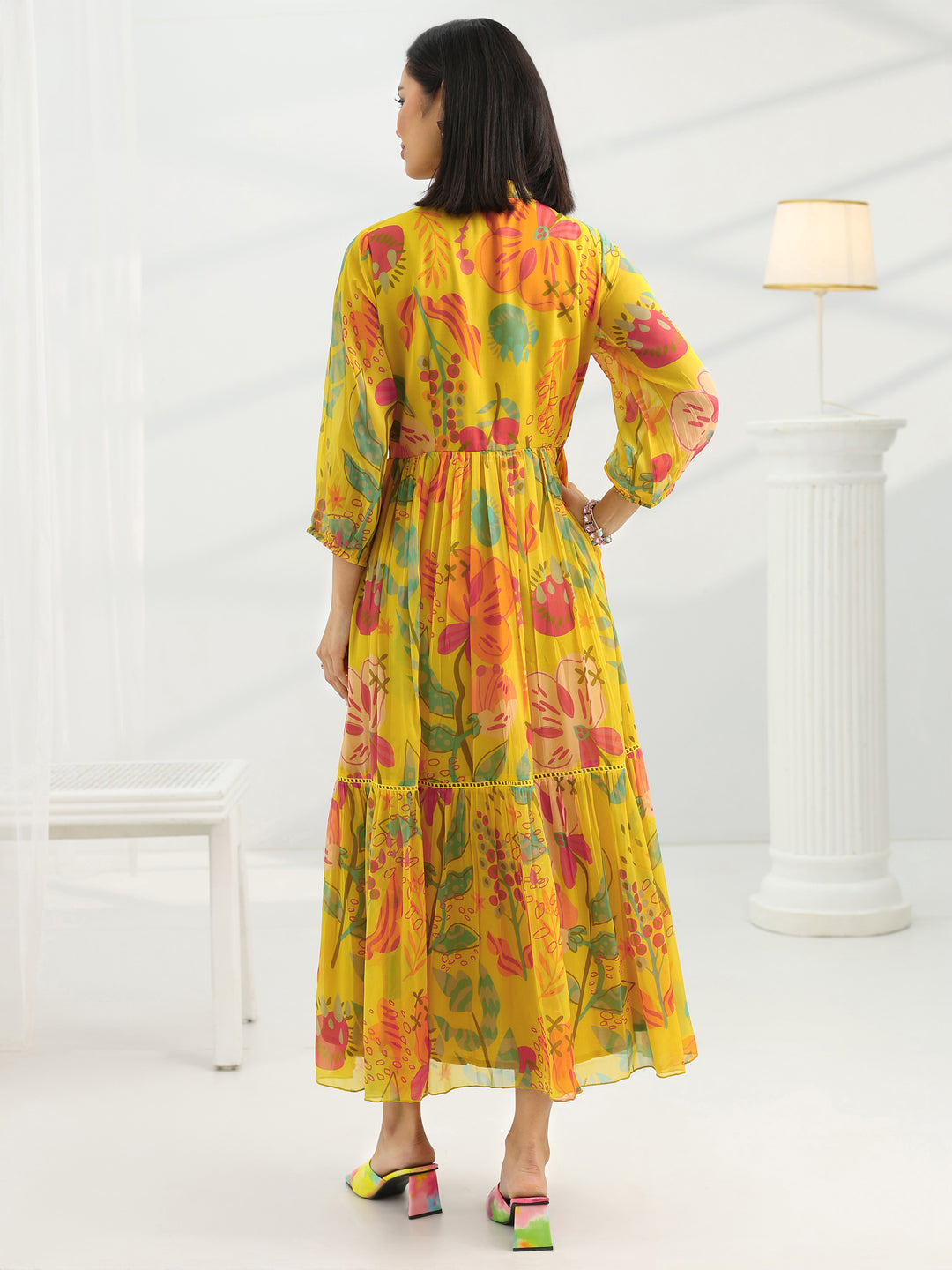  Mustard Printed Chiffon Fit And Flare One Piece Dress 