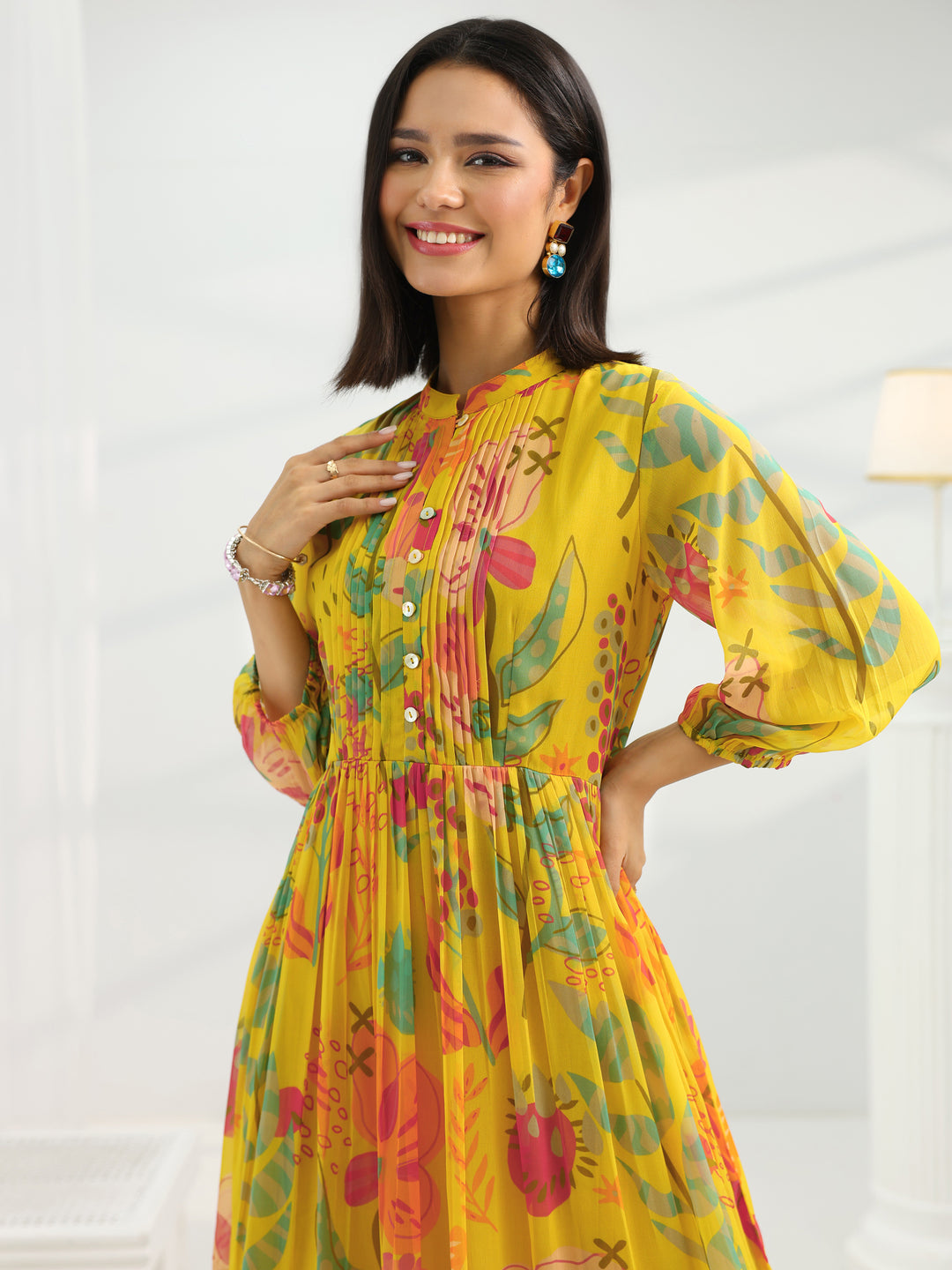  Mustard Printed Chiffon Fit And Flare One Piece Dress 