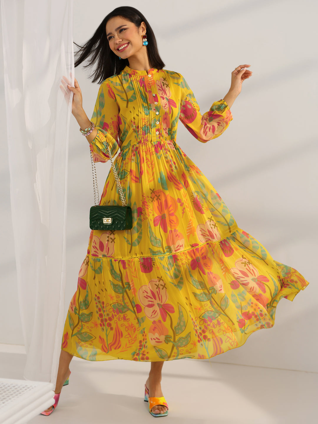 Mustard Printed Chiffon Fit And Flare One Piece Dress 