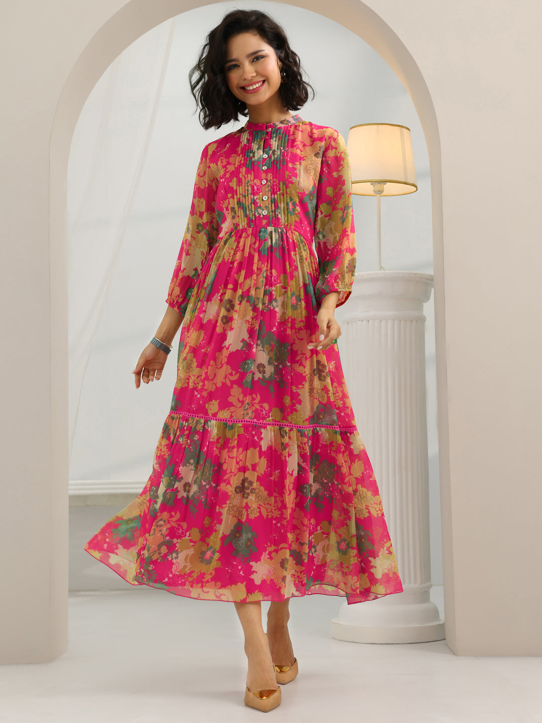  Pink Printed Chiffon Fit And Flare One Piece Dress 