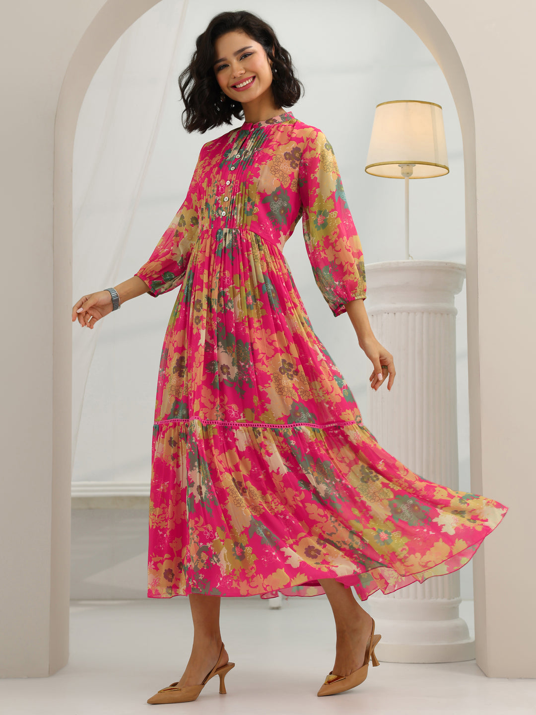  Pink Printed Chiffon Fit And Flare One Piece Dress 