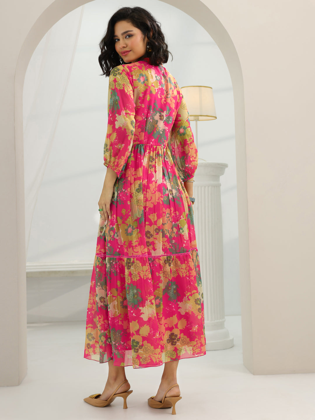  Pink Printed Chiffon Fit And Flare One Piece Dress 