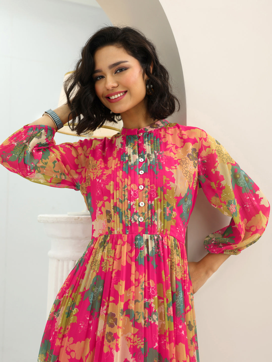  Pink Printed Chiffon Fit And Flare One Piece Dress 