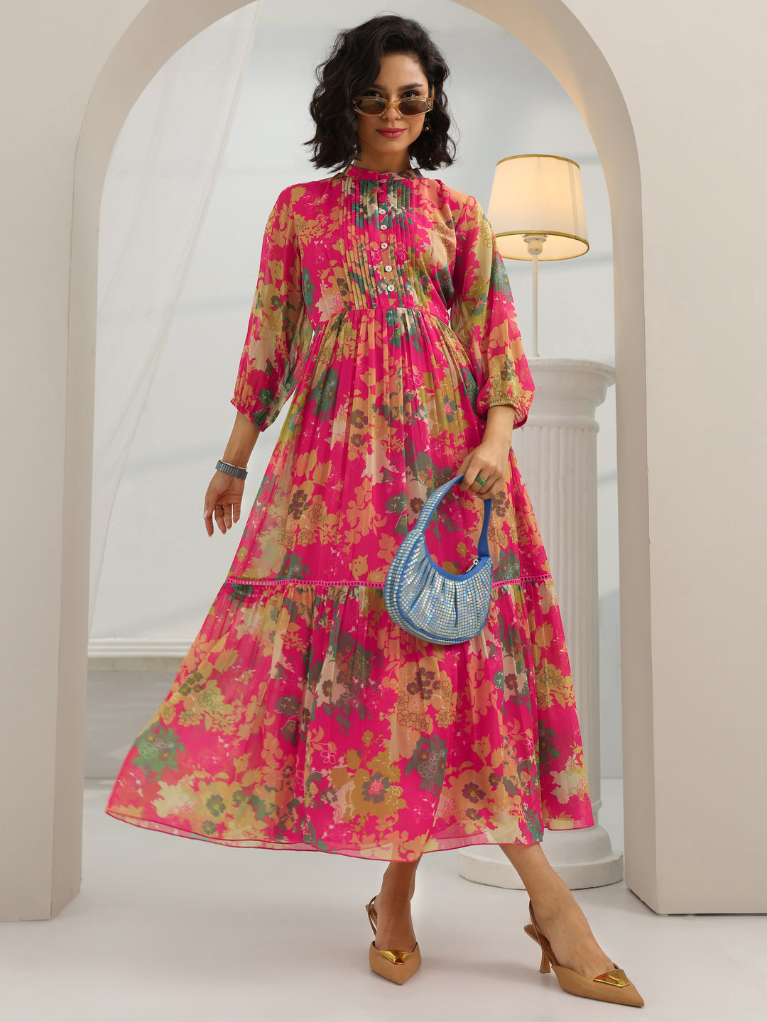  Pink Printed Chiffon Fit And Flare One Piece Dress 