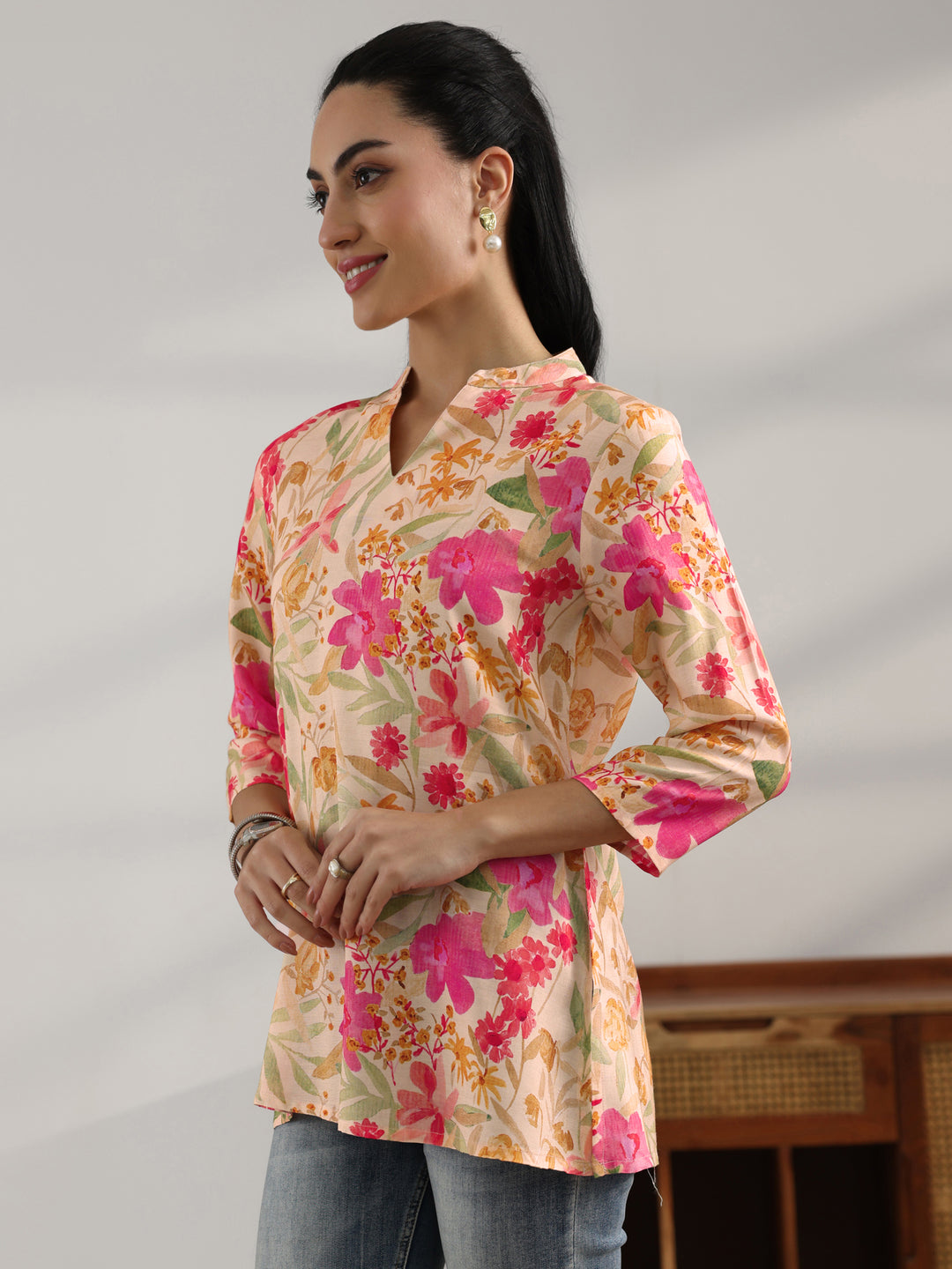  Yellow Printed Muslin Straight Short Kurti 