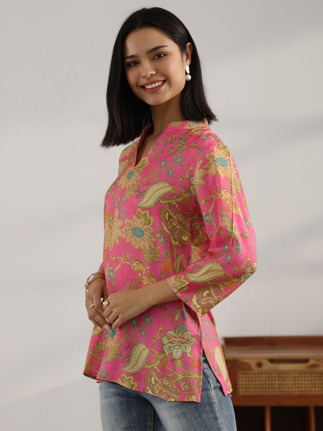  Pink Printed Muslin Straight Short Kurti 