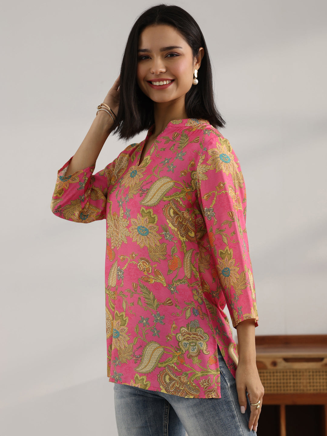  Pink Printed Muslin Straight Short Kurti 