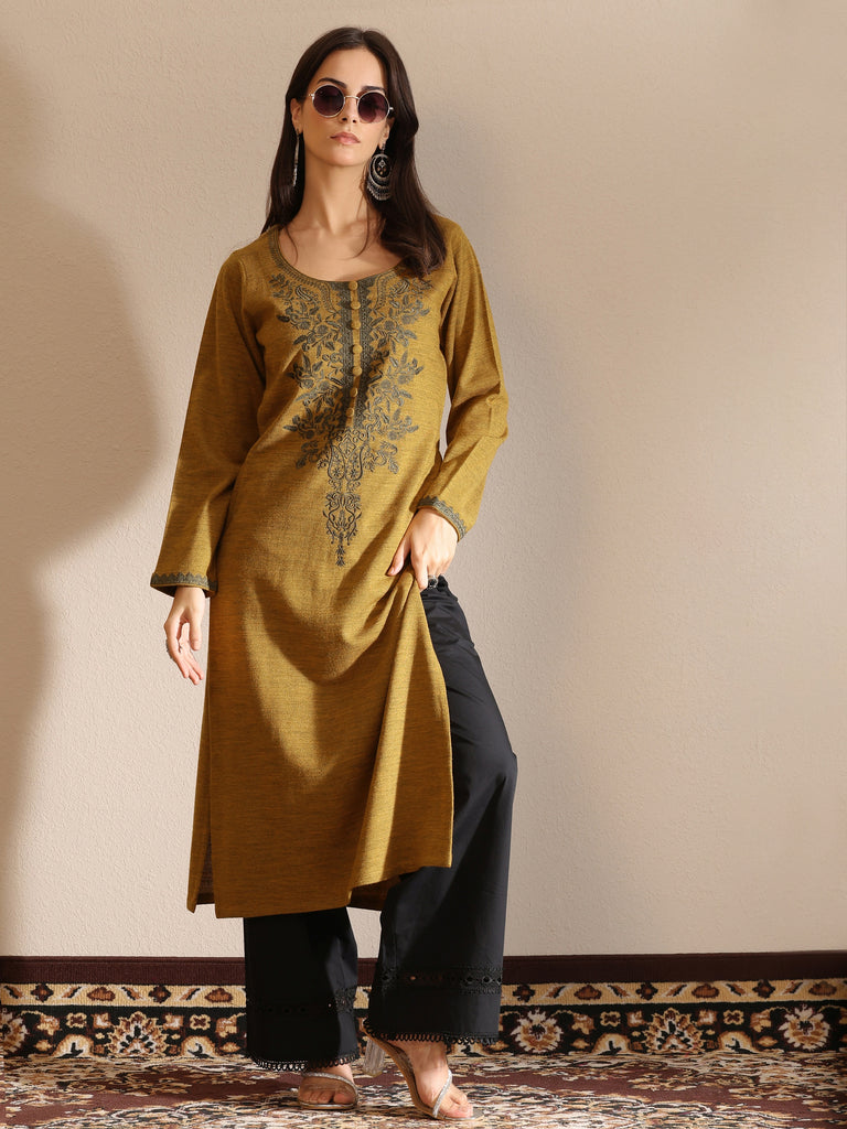 Libas Mustard Embroidered Wool Straight Kurta