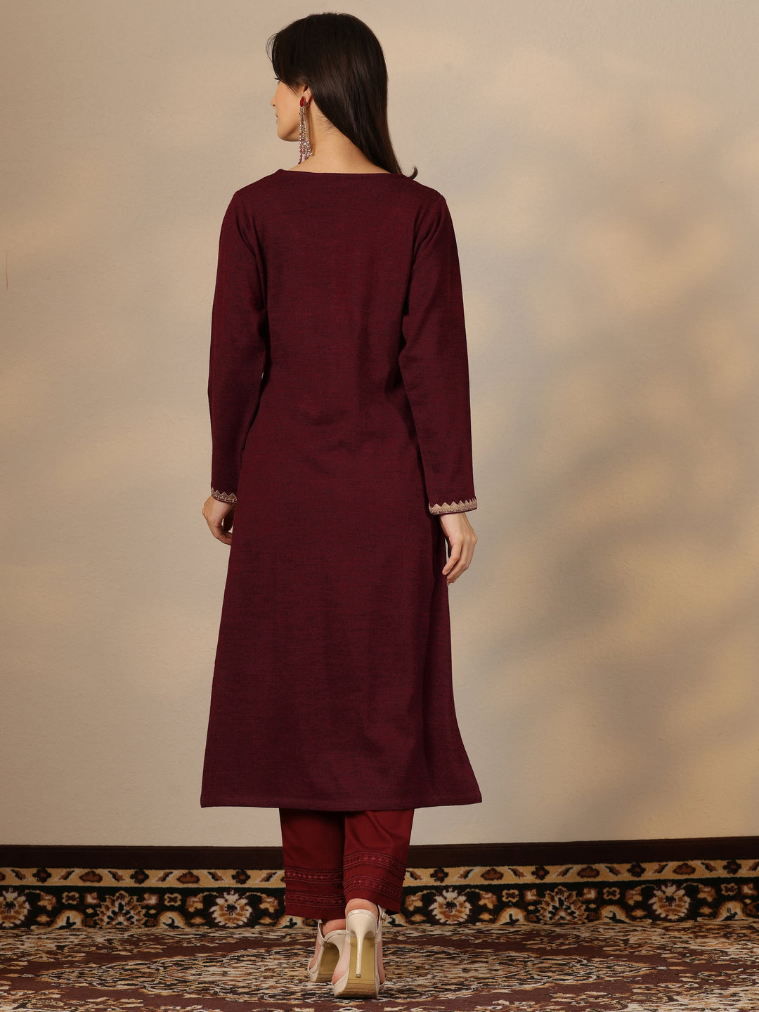  Maroon Embroidered Wool Straight Kurta 