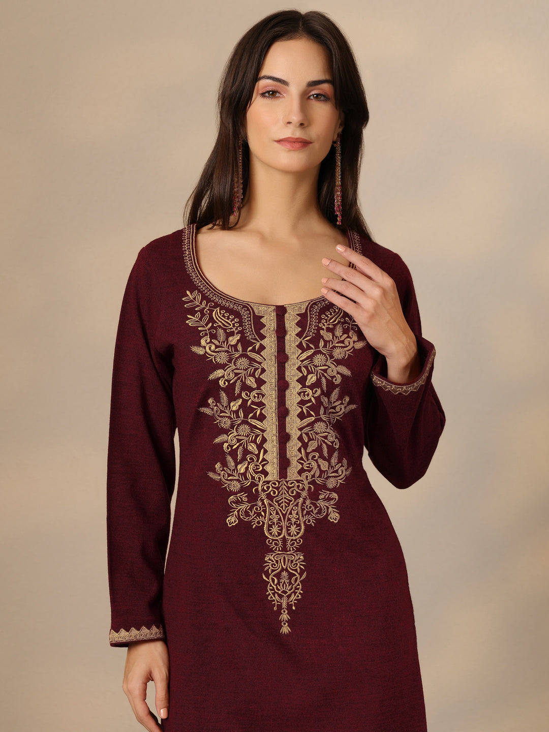  Maroon Embroidered Wool Straight Kurta 