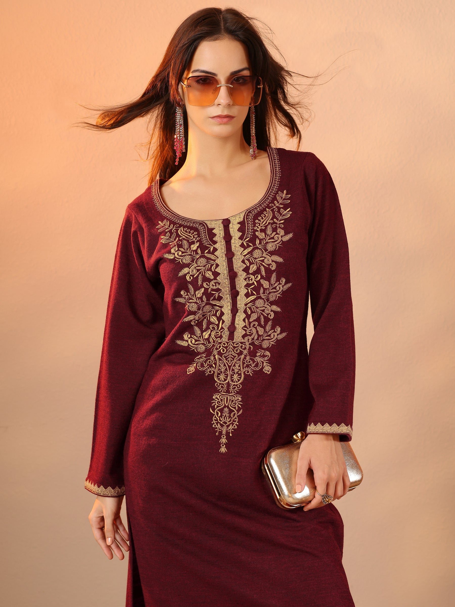 Maroon Embroidered Wool Straight Kurta