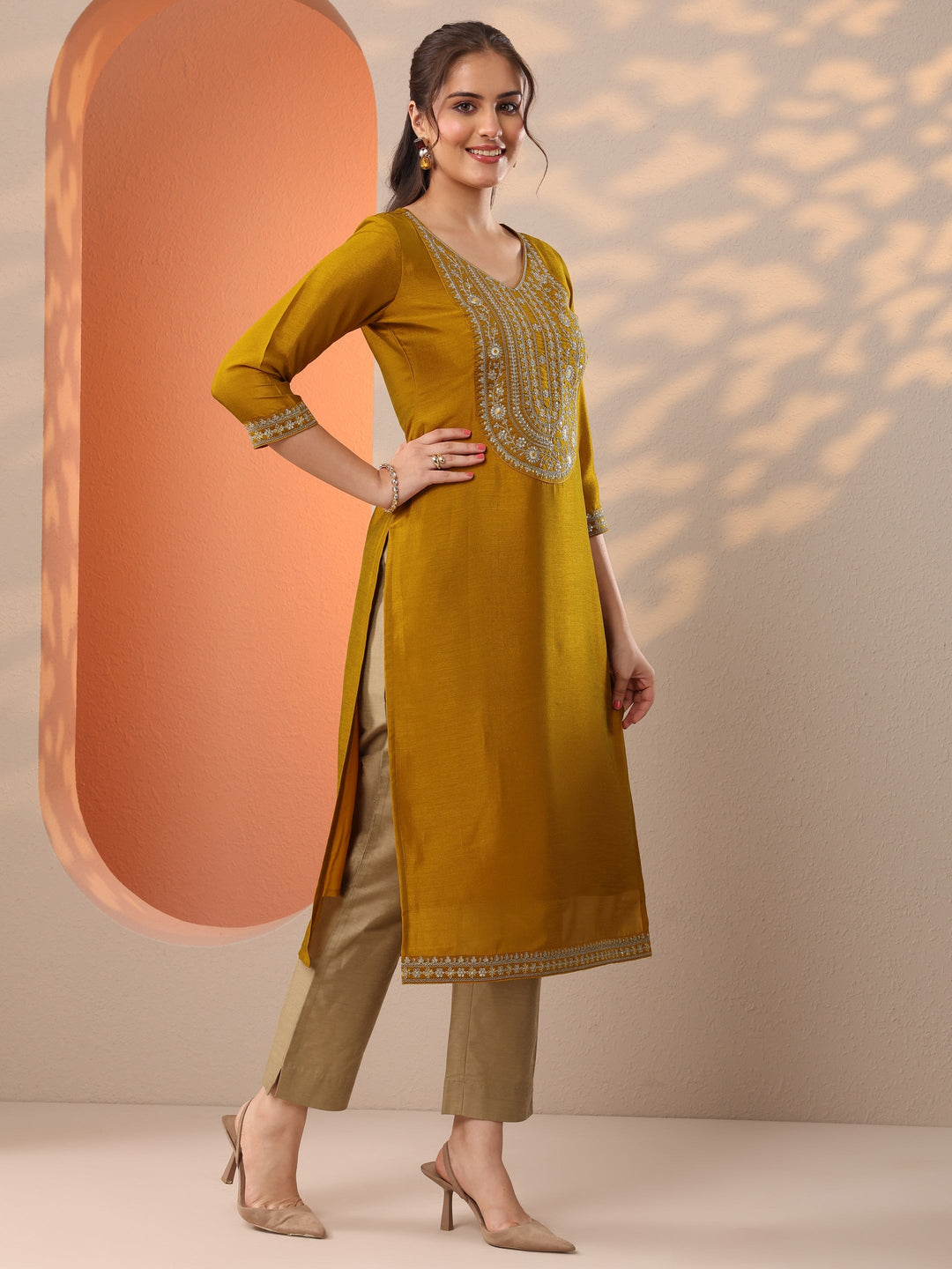  Mustard Embroidered Silk Blend Straight Kurta 