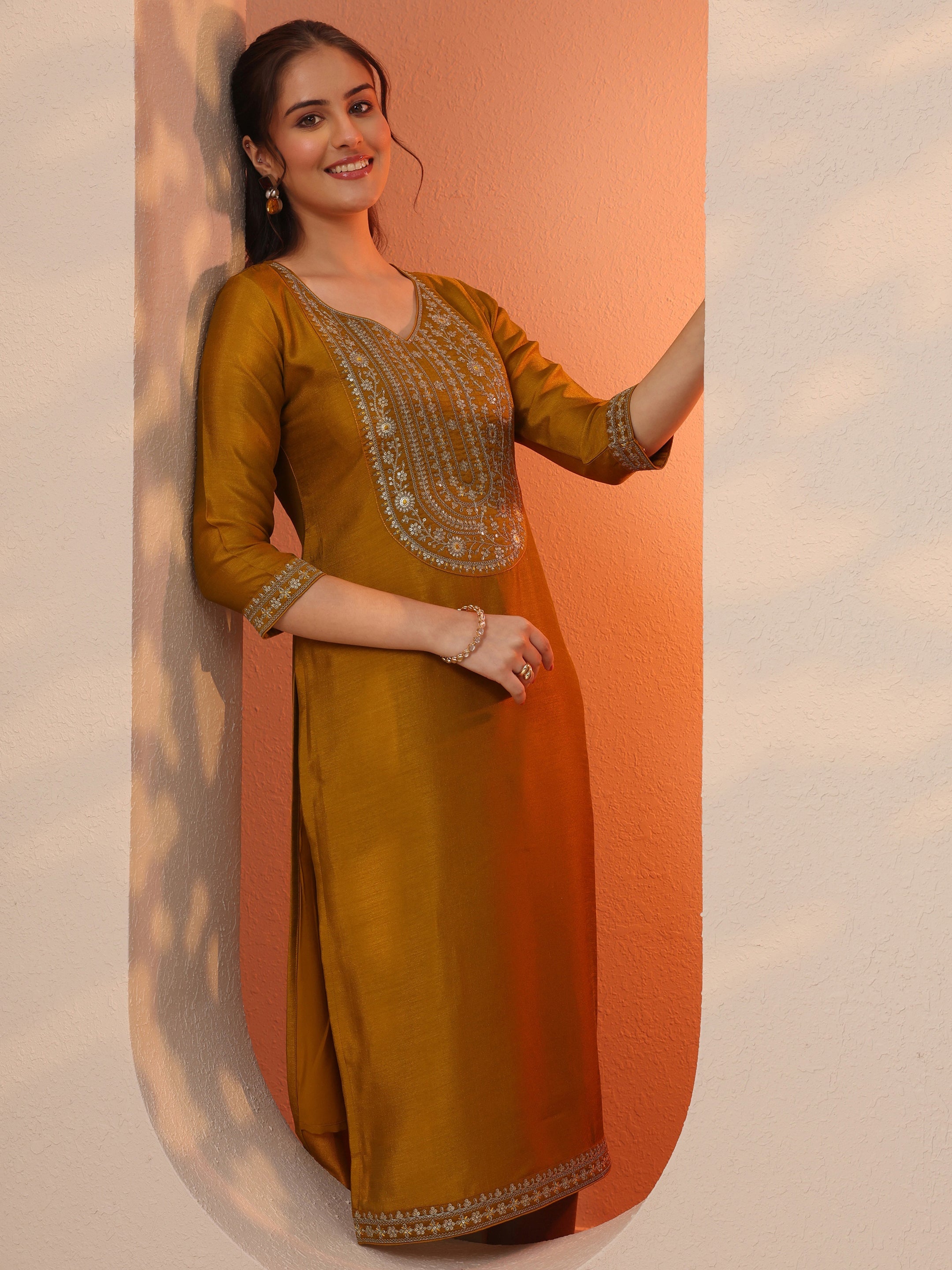 libas Mustard Embroidered Silk Blend Straight Kurta-picture-44