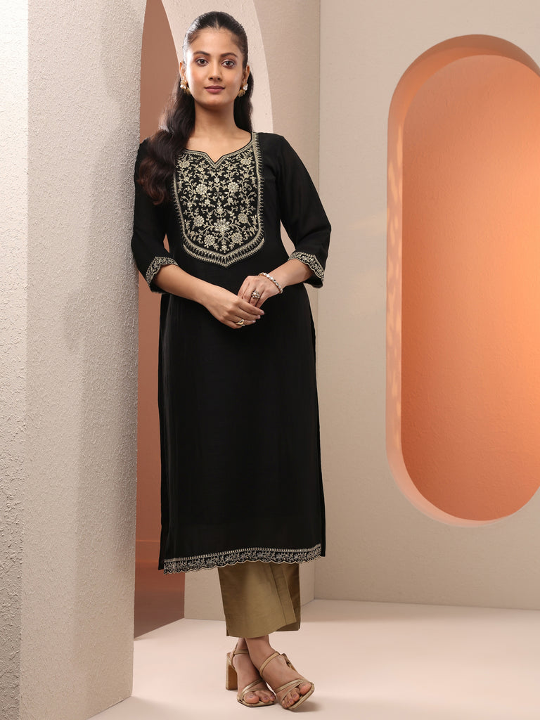 Libas Black Embroidered Silk Blend Straight Kurta