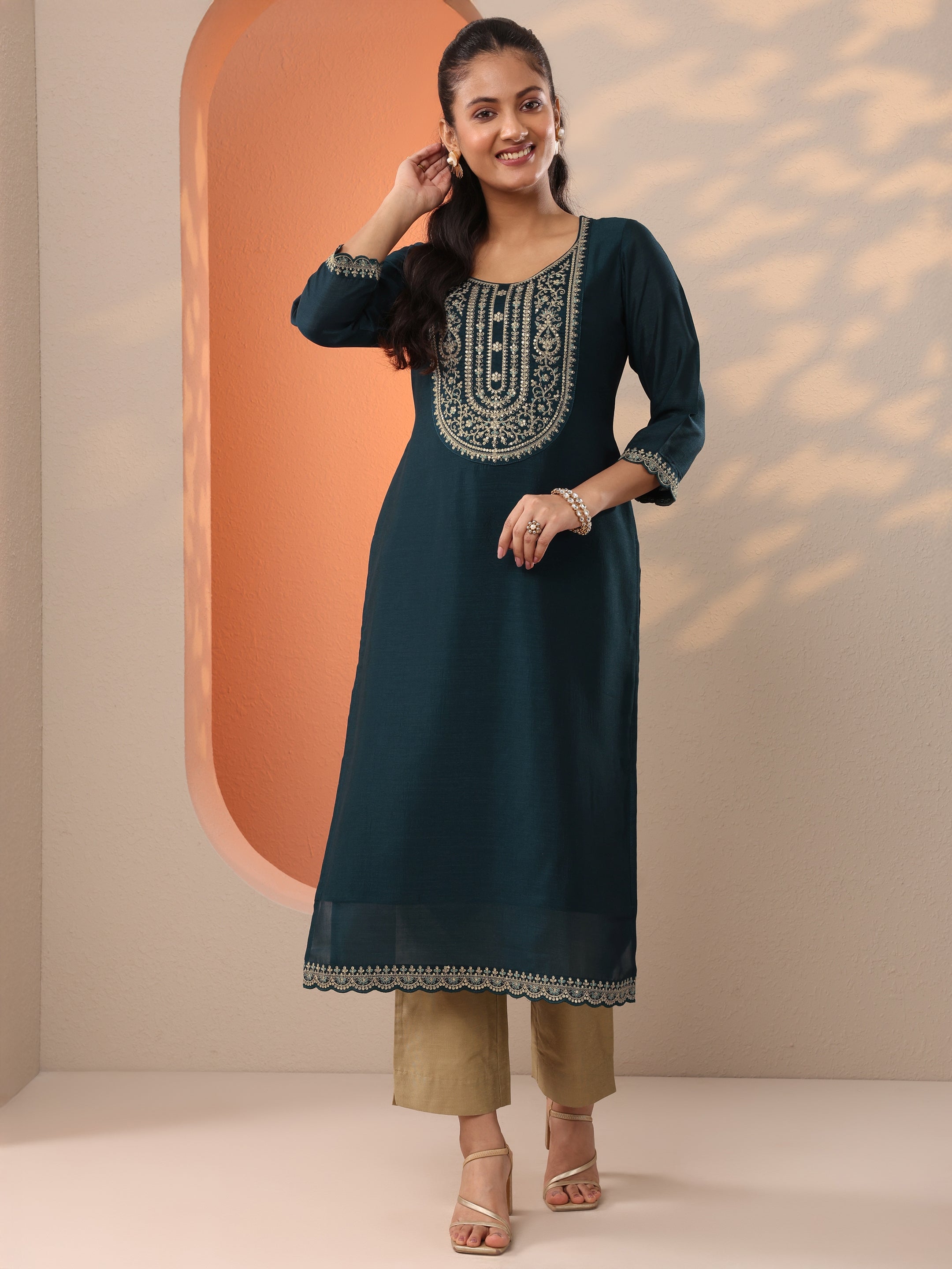 libas Teal Embroidered Silk Blend Straight Kurta-picture-63