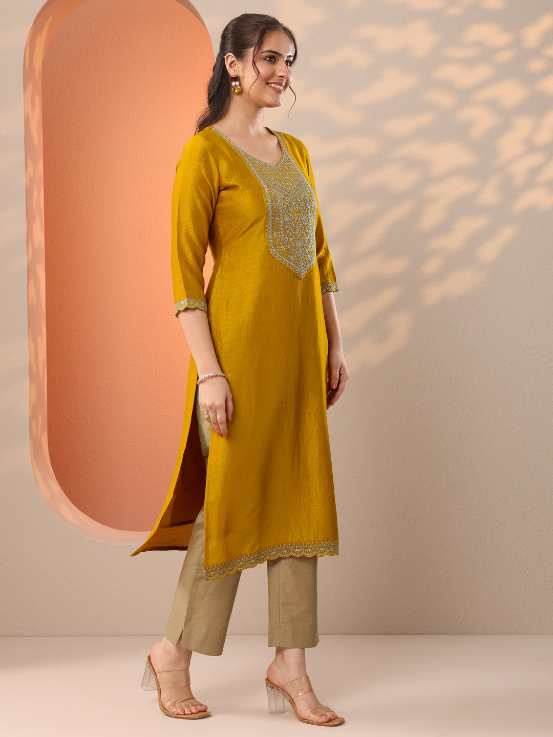  Mustard Embroidered Silk Blend Straight Kurta 