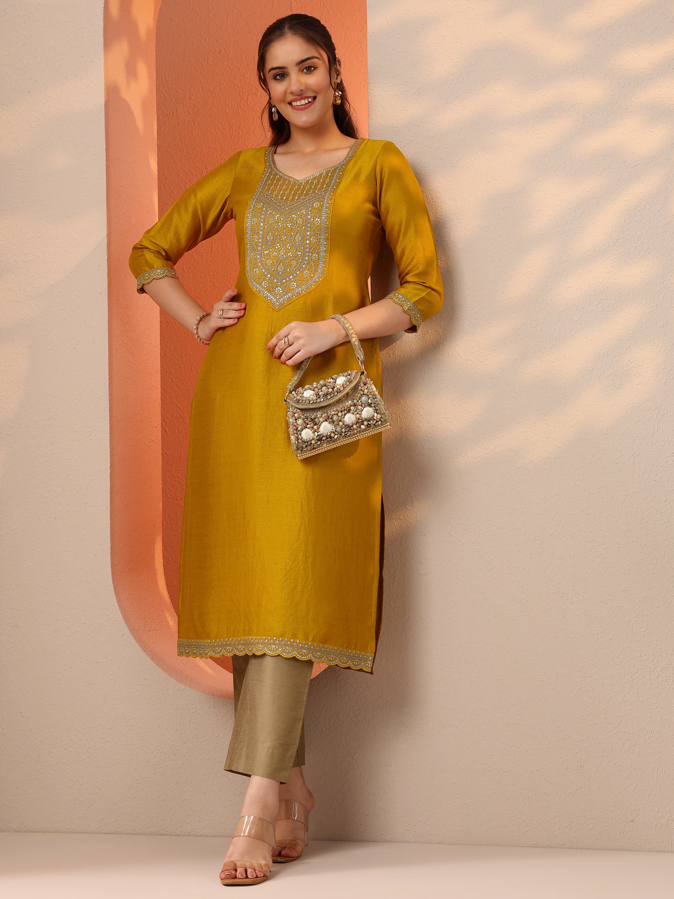 libas Mustard Embroidered Silk Blend Straight Kurta-picture-24