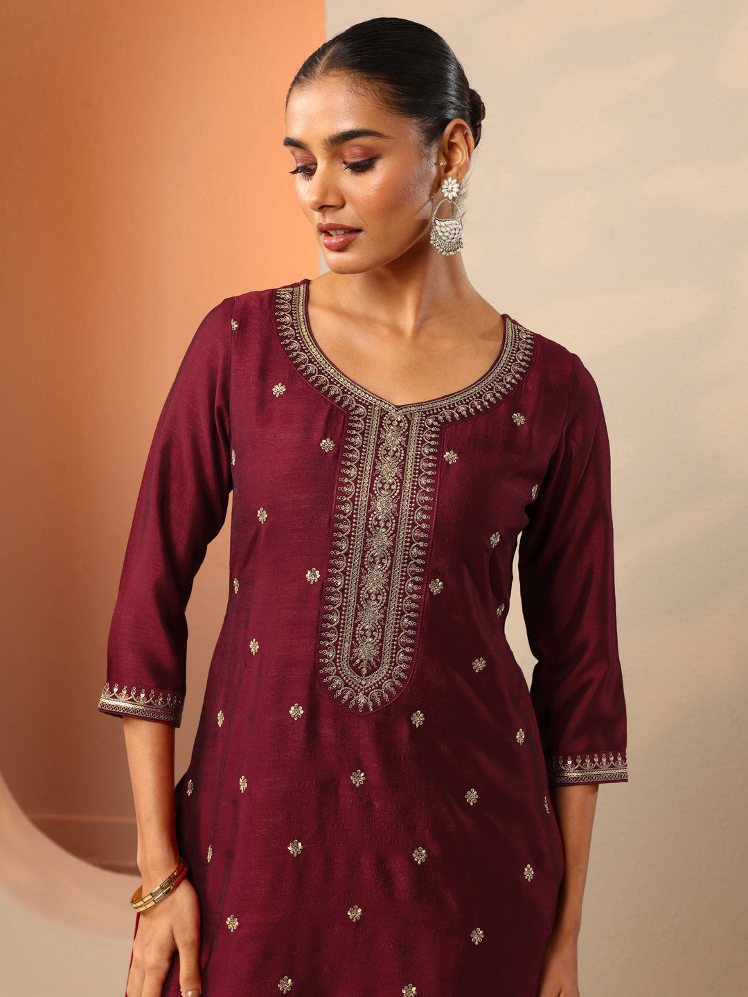  Maroon Embroidered Silk Blend Straight Kurta 