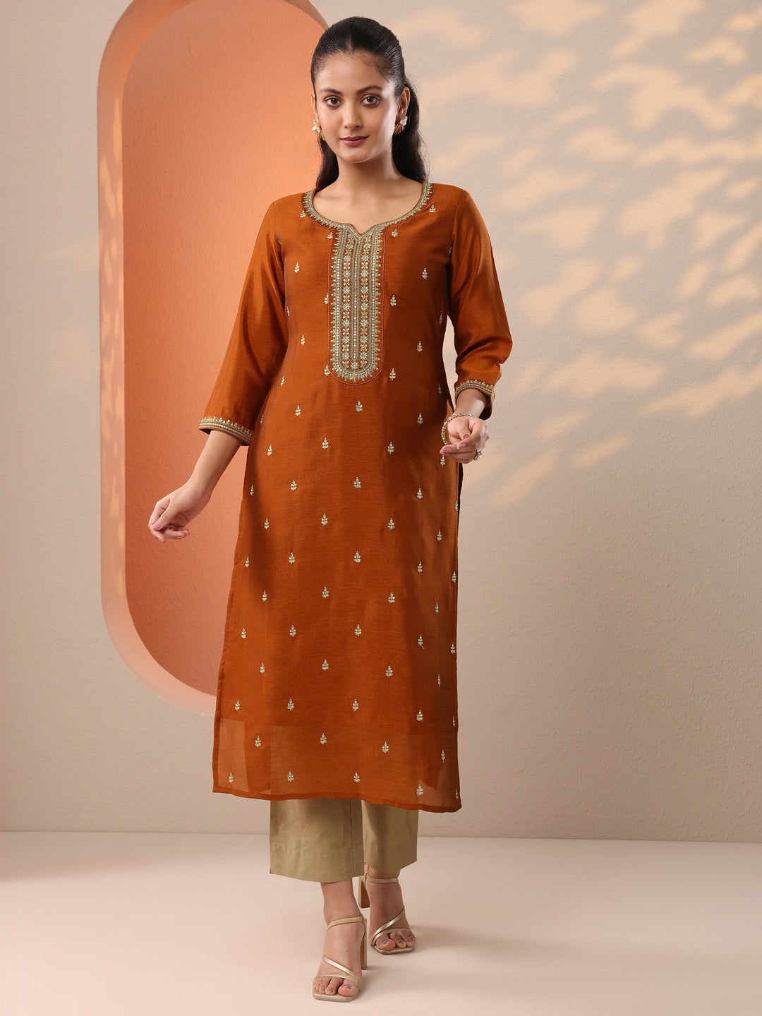  Rust Embroidered Silk Blend Straight Kurta 
