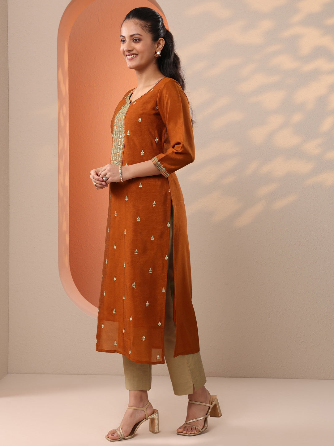  Rust Embroidered Silk Blend Straight Kurta 