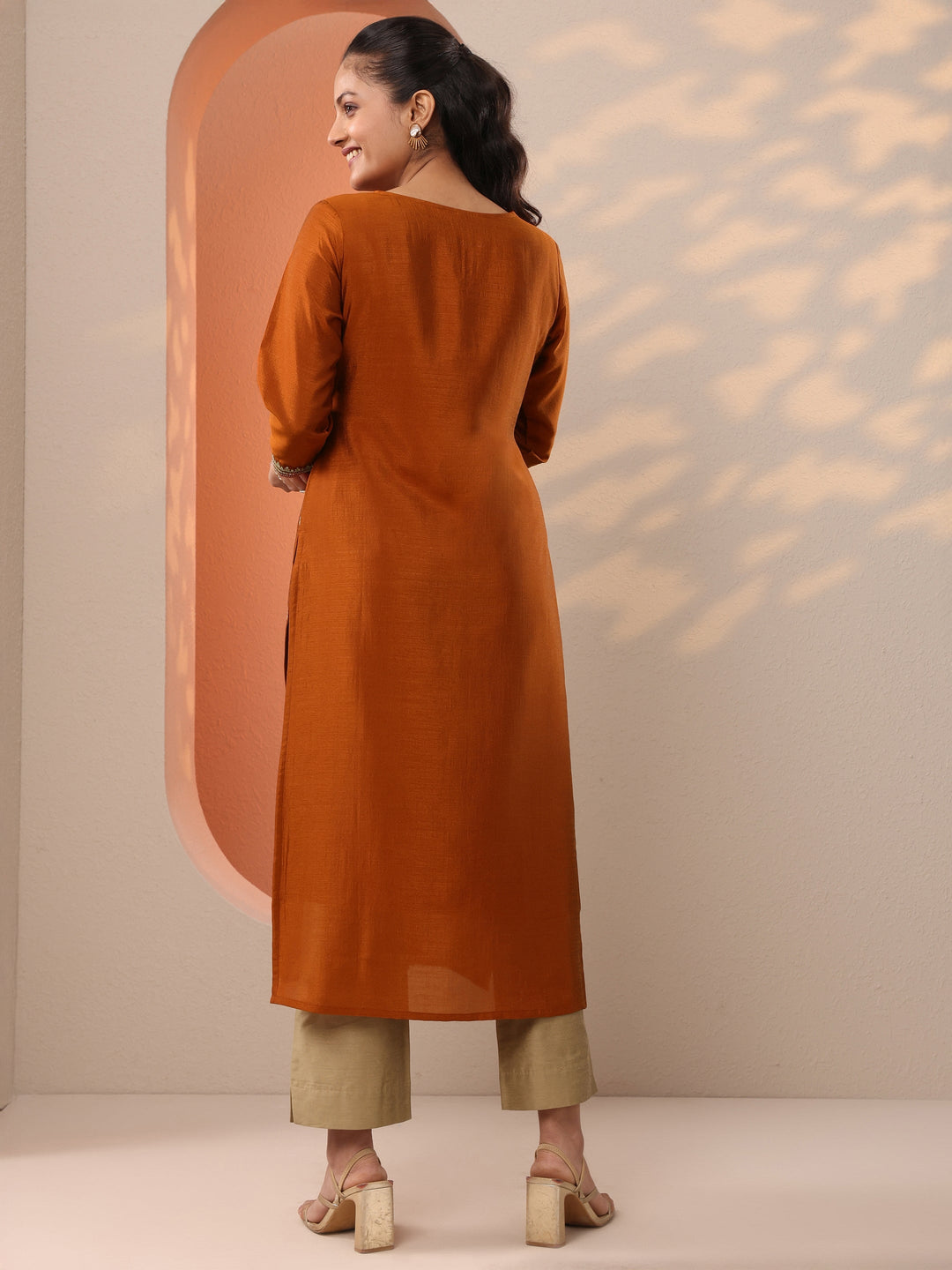  Rust Embroidered Silk Blend Straight Kurta 
