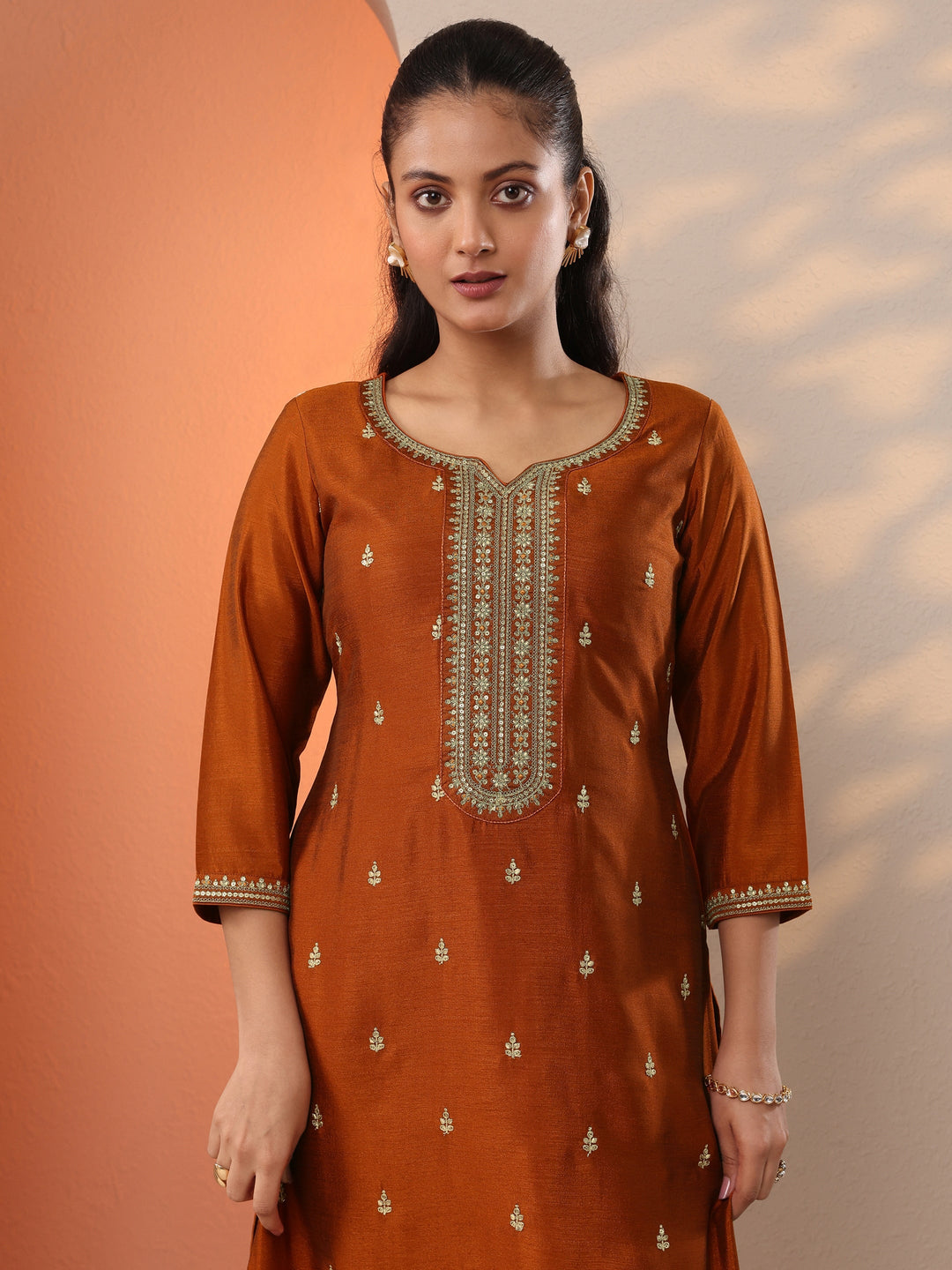  Rust Embroidered Silk Blend Straight Kurta 
