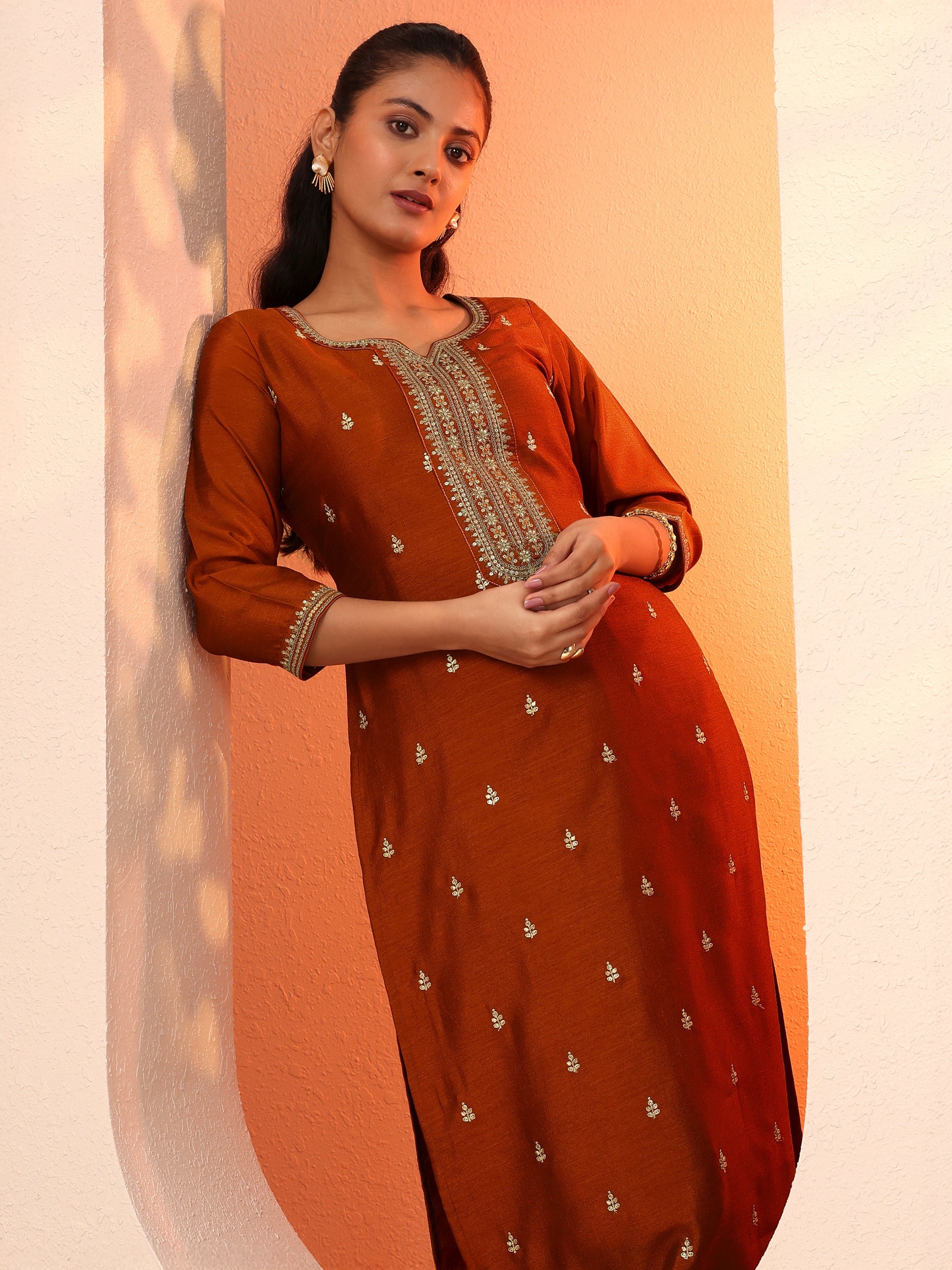 libas Rust Embroidered Silk Blend Straight Kurta-picture-36