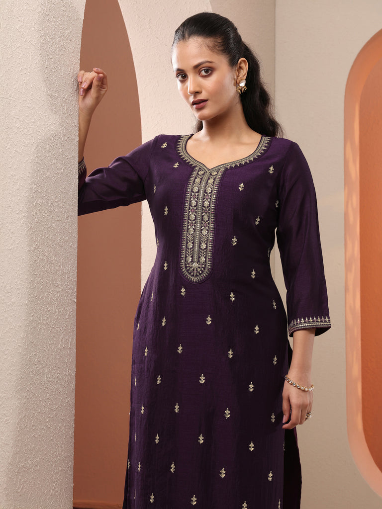 Libas Purple Embroidered Silk Blend Straight Kurta