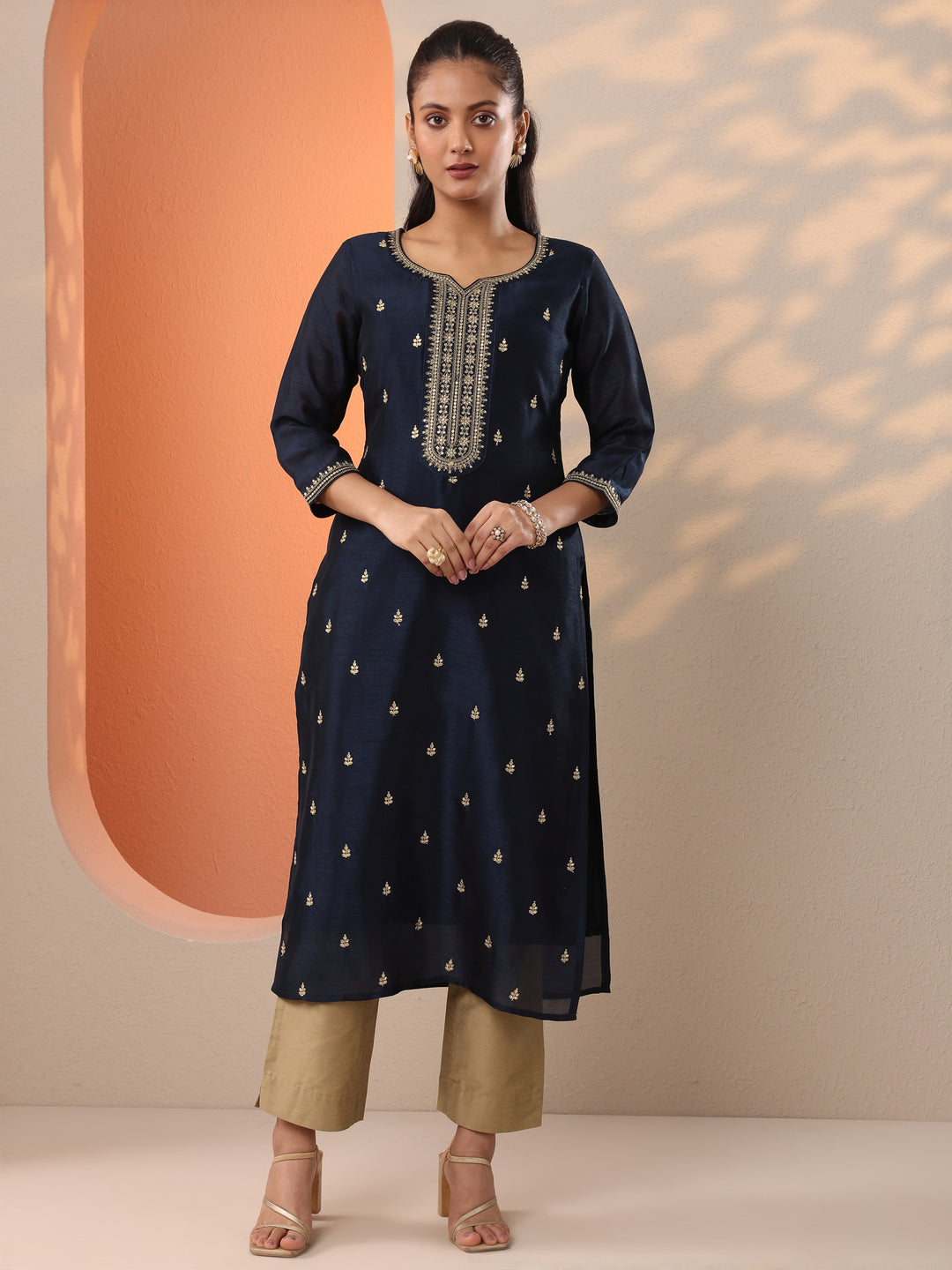  Navy Blue Embroidered Silk Blend Straight Kurta 