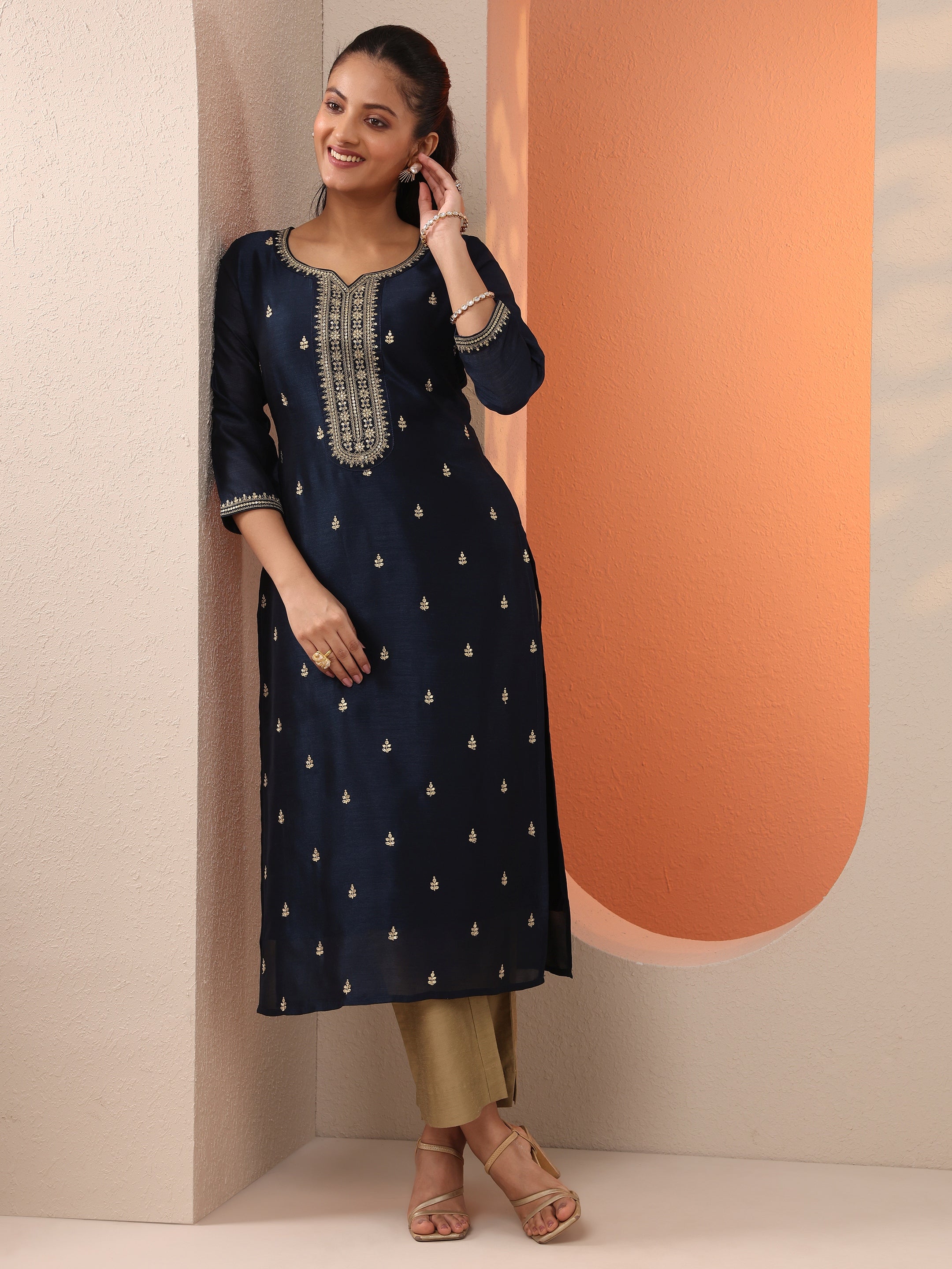 libas Navy Blue Embroidered Silk Blend Straight Kurta-picture-50