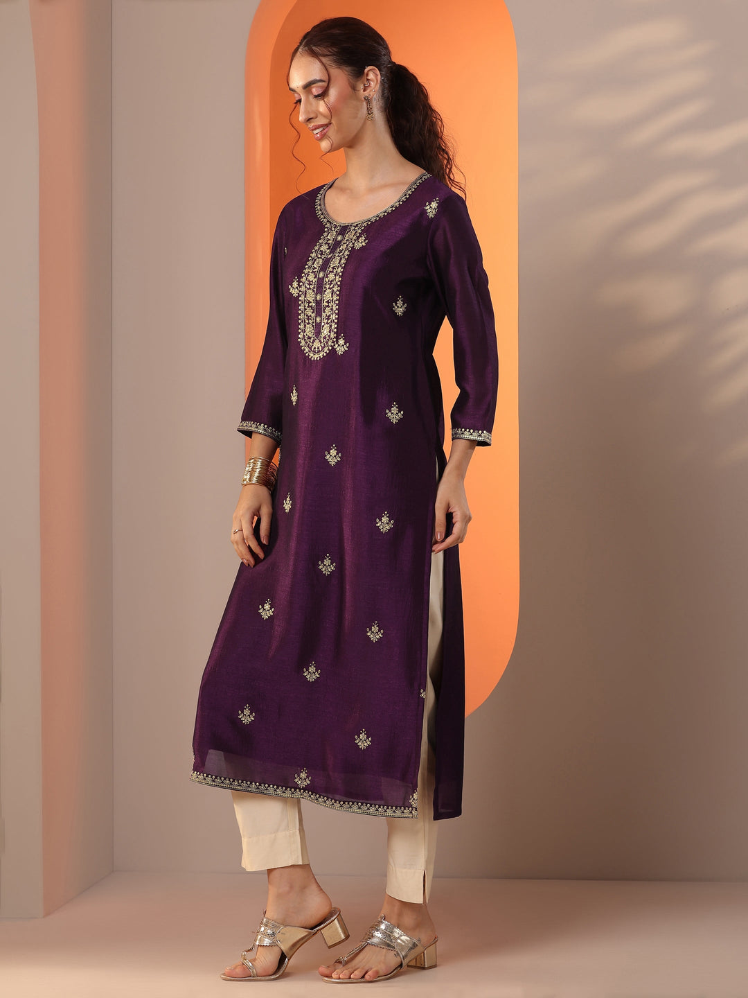  Burgundy Embroidered Silk Blend Straight Kurta 
