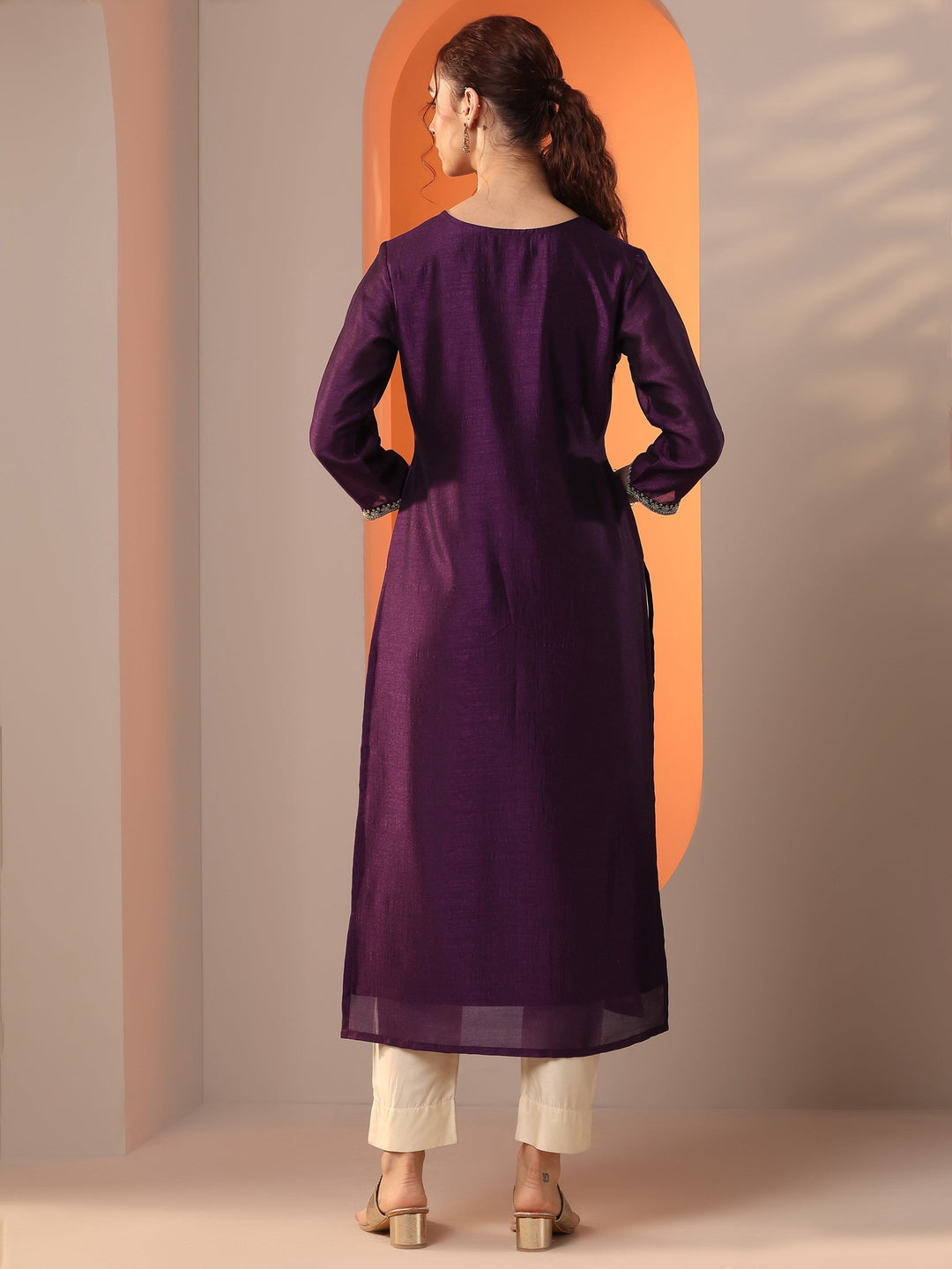  Burgundy Embroidered Silk Blend Straight Kurta 