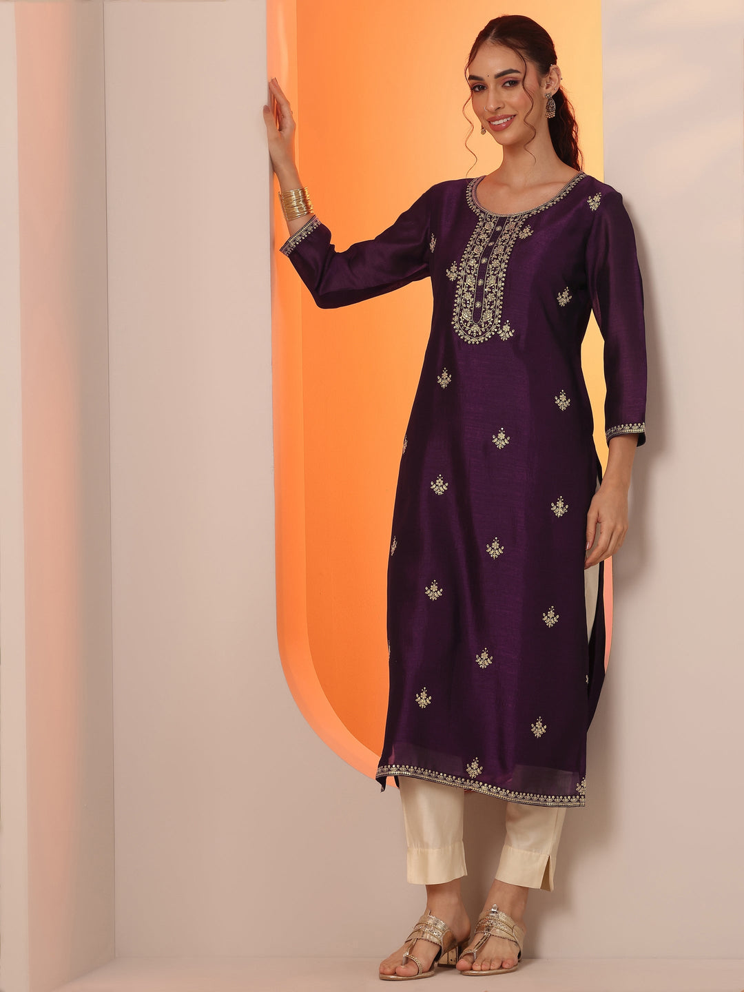  Burgundy Embroidered Silk Blend Straight Kurta 