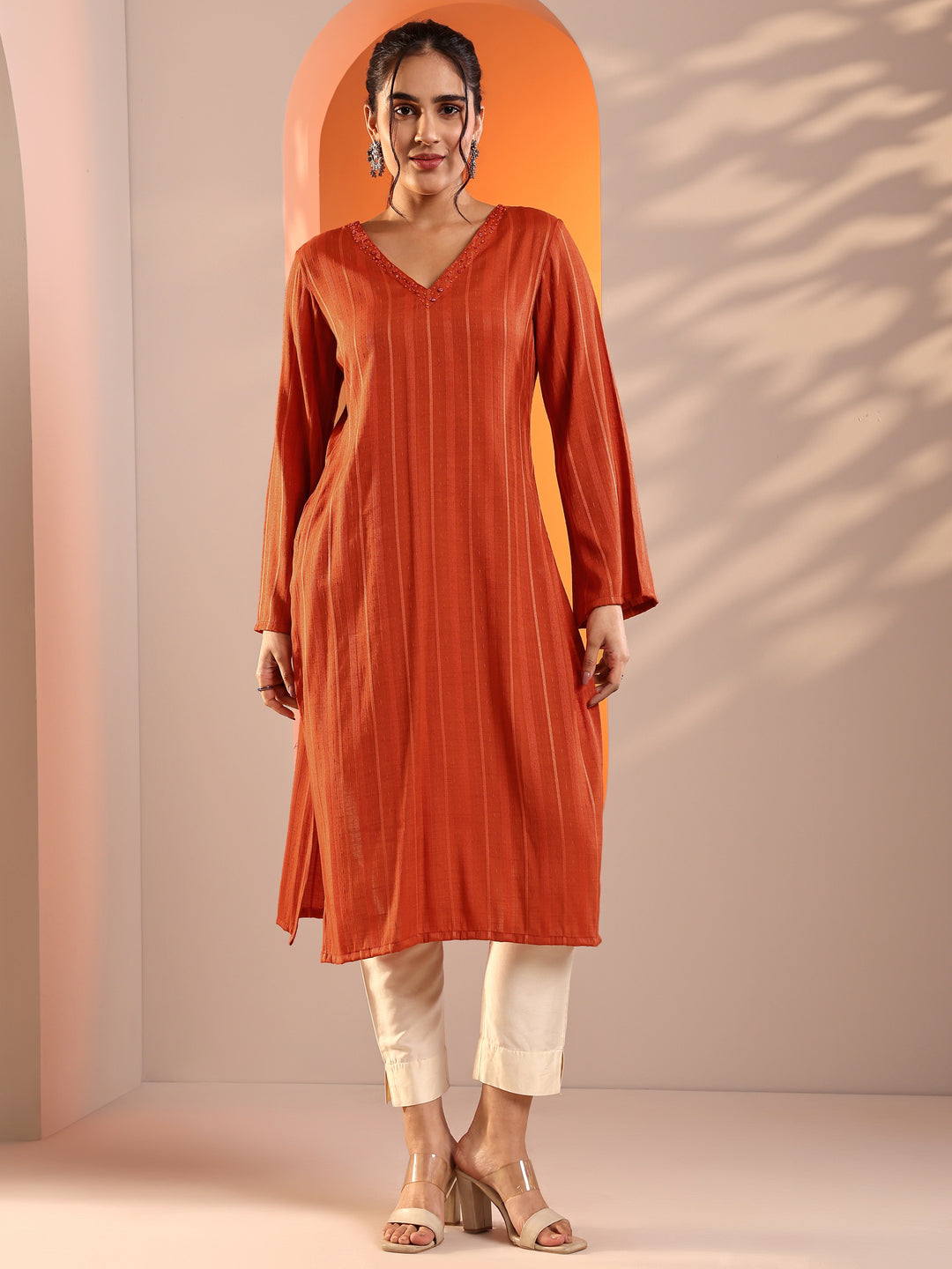  Orange Woven Design Rayon Straight Kurta 