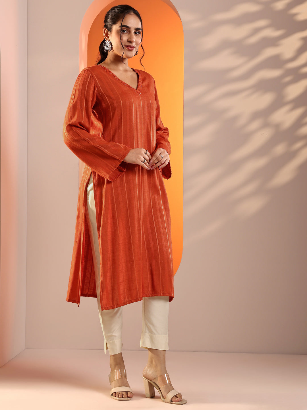  Orange Woven Design Rayon Straight Kurta 