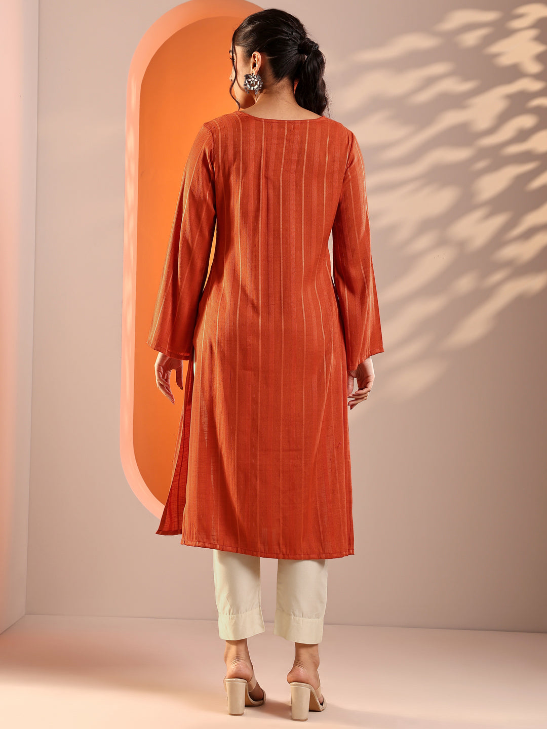  Orange Woven Design Rayon Straight Kurta 
