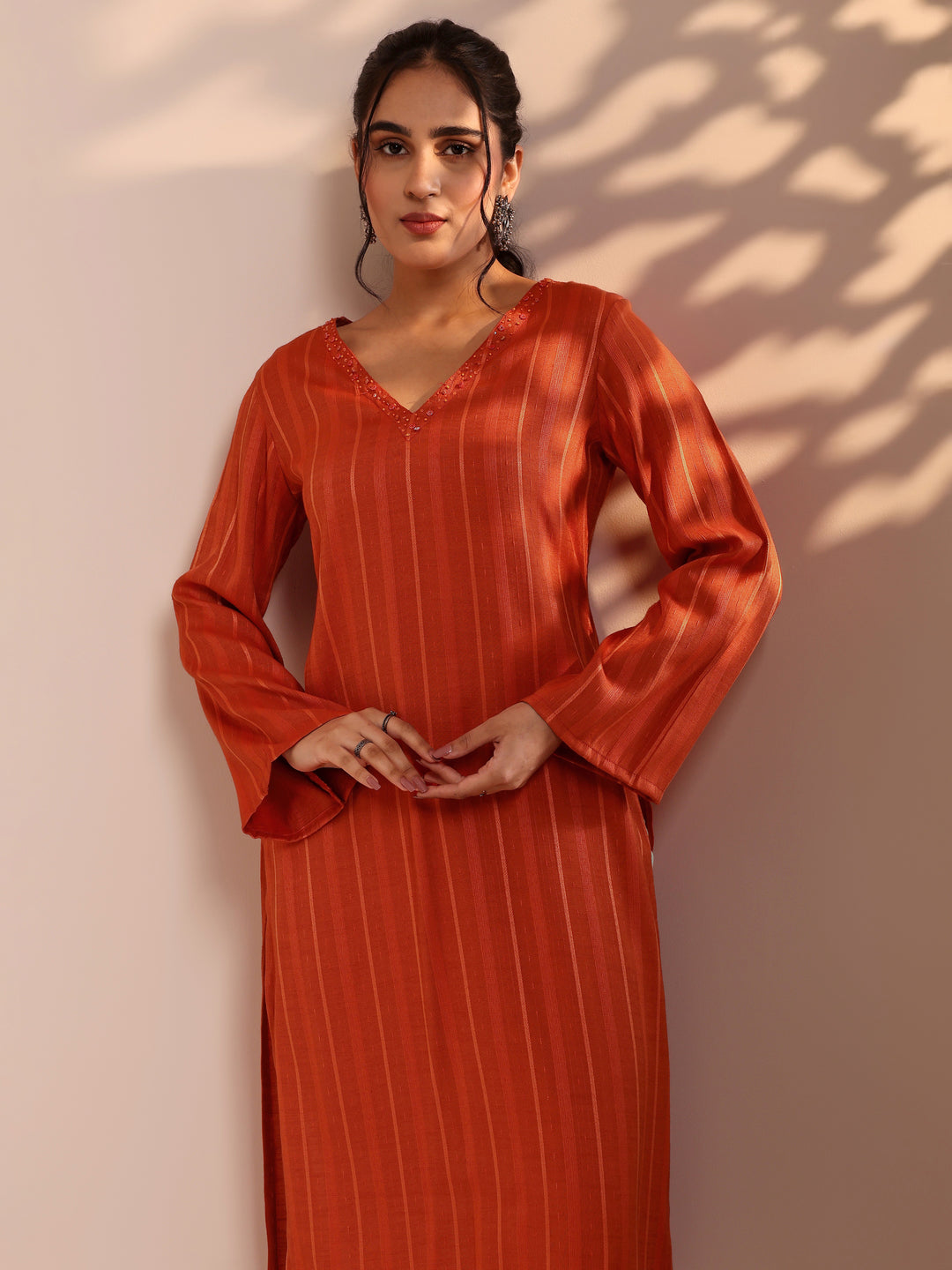  Orange Woven Design Rayon Straight Kurta 
