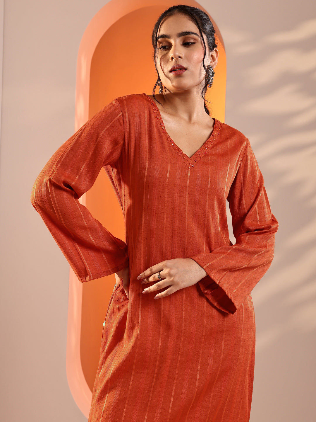  Orange Woven Design Rayon Straight Kurta 