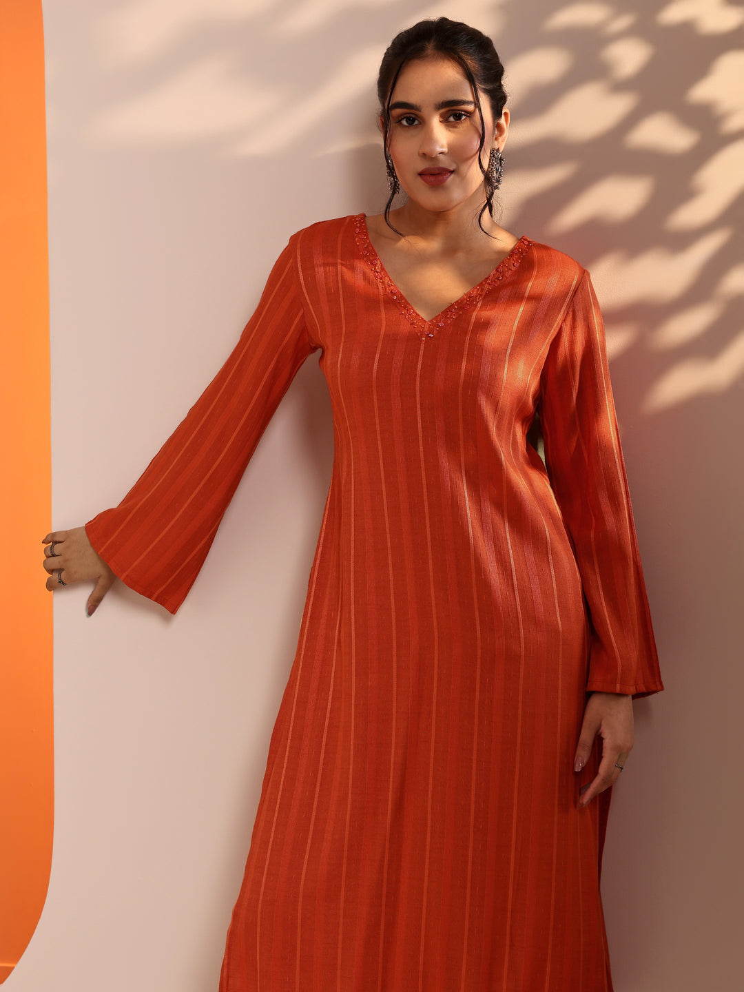  Orange Woven Design Rayon Straight Kurta 
