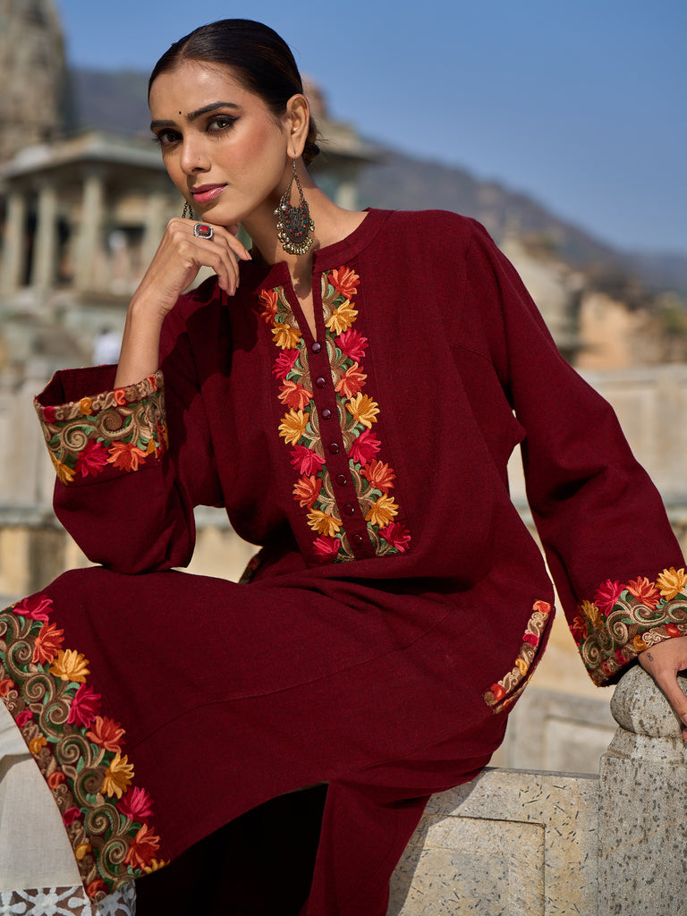 Libas Maroon Floral Embroidered Wool Straight Kurta