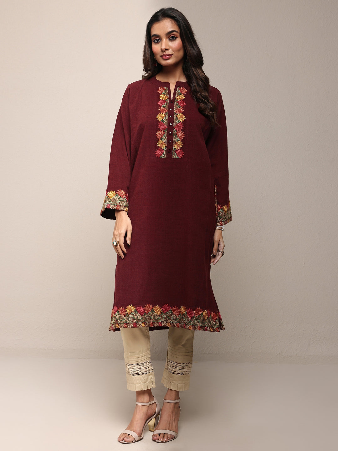  Maroon Floral Embroidered Wool Straight Kurta 