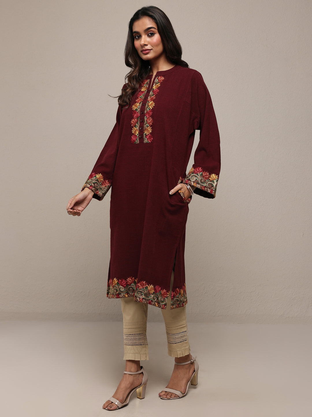  Maroon Floral Embroidered Wool Straight Kurta 