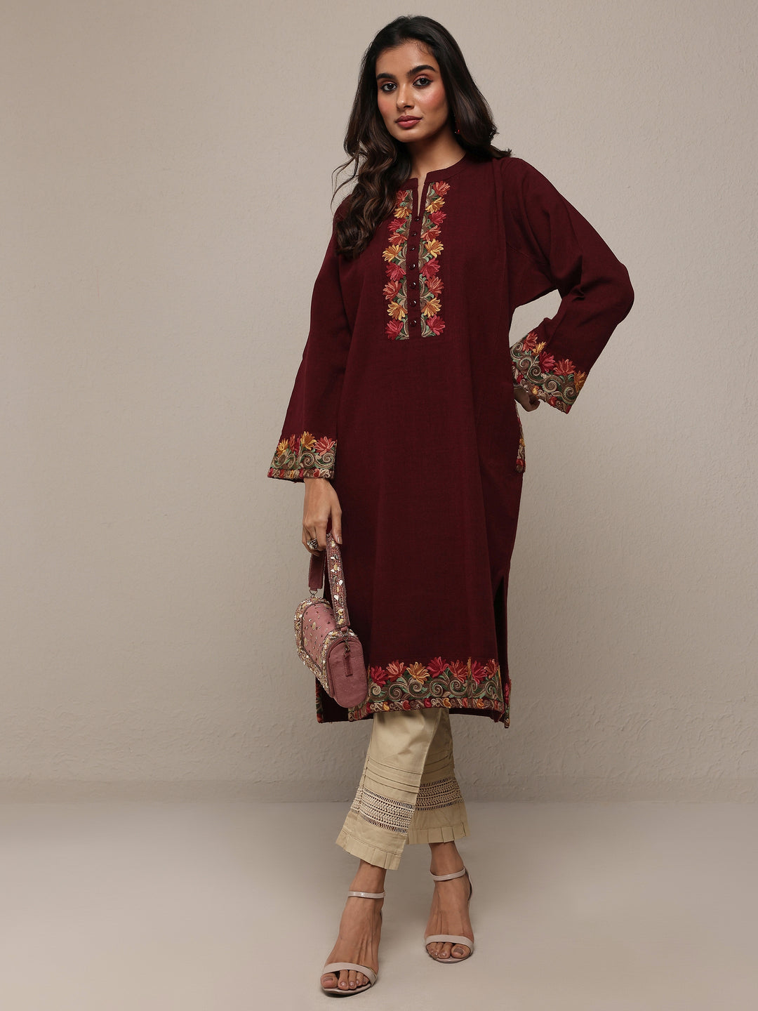  Maroon Floral Embroidered Wool Straight Kurta 