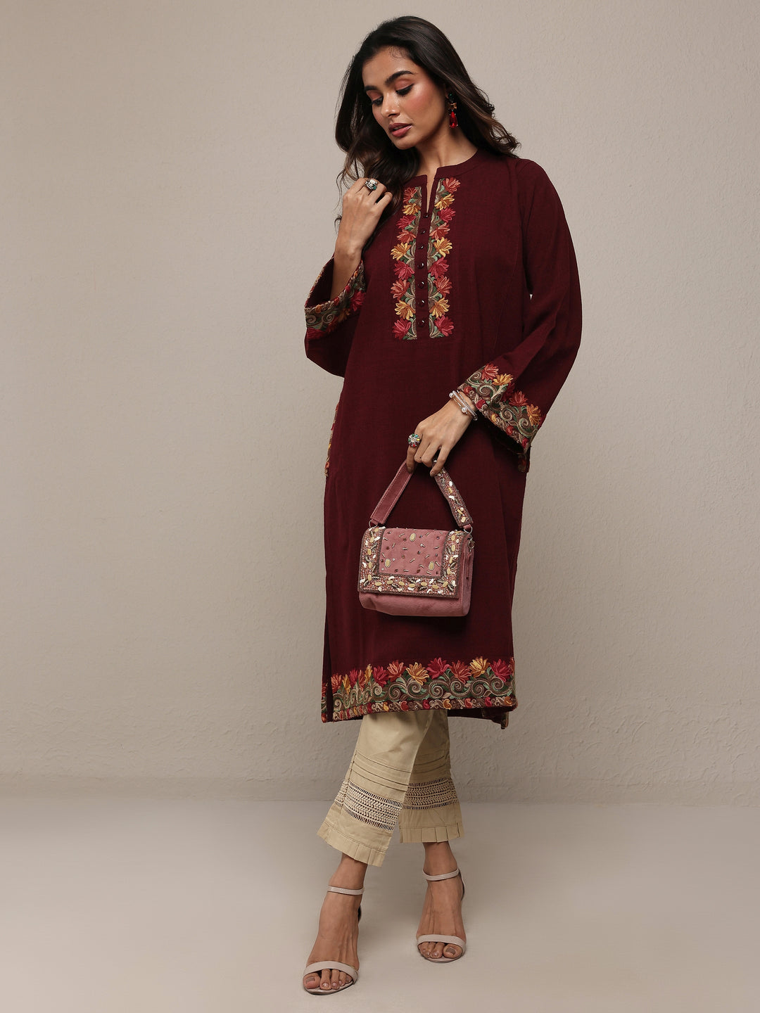  Maroon Floral Embroidered Wool Straight Kurta 