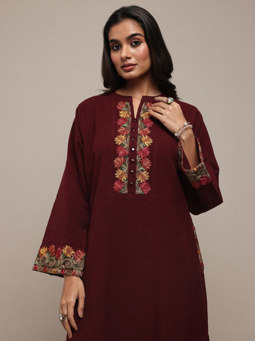  Maroon Floral Embroidered Wool Straight Kurta 