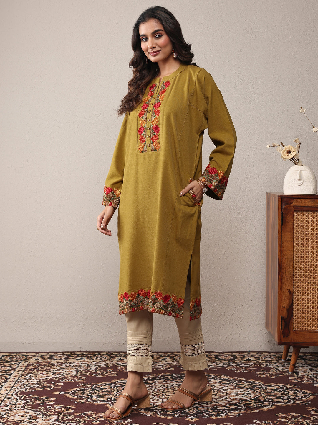  Mustard Floral Embroidered Wool Straight Kurta 