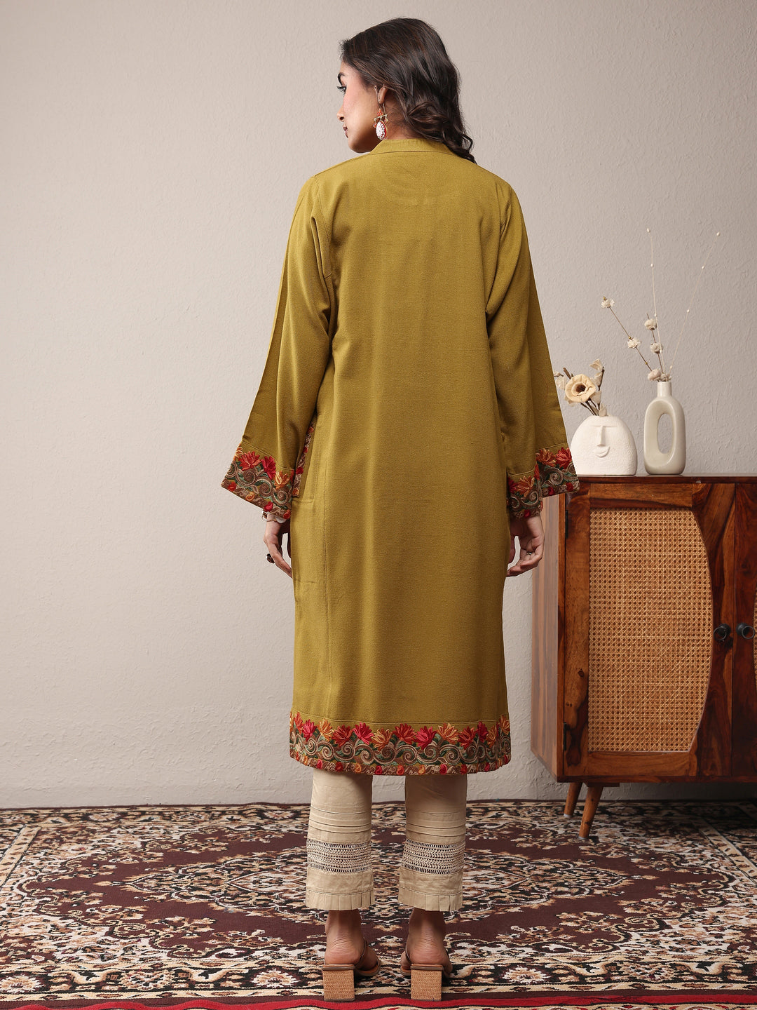  Mustard Floral Embroidered Wool Straight Kurta 